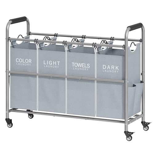 Tajsoon 4 Bag Laundry Sorter Cart, 4 Section Laundry Hamper Sorter with Heavy Duty Lockable Rolling Wheels, Laundry Separator Hamper with Removable Bags for Dirty Clothes Storage, Grey & White - color: GreyWhite