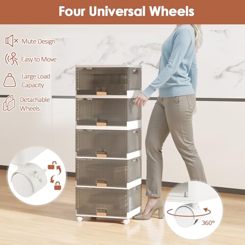 Giantex 5 Tier Stackable Storage Bins with Lids, 22.5 Gal Foldable Shoe Storage Box with Detachable Wheels & Flip-Up Doors, Collapsible Closet Organizers and Storage Bins - size: 22.5Gal-5Pack