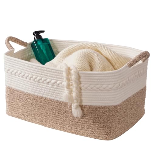 Decorative laundry basket with handles woven from natural cotton rope storage blankets for living room cute boho quilted gift baskets for clothes pillows toys 20"x14"x10",white/brown - color: white/Brown, size: 47L 20"x14"x10"