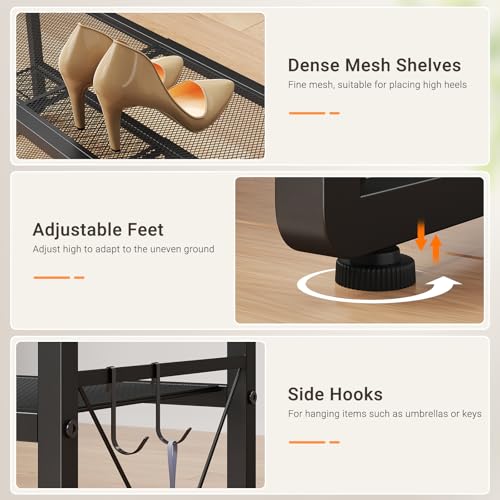 ELYKEN Shoe Rack, 4-Tier Expandable Shoe Organizer for Entryway, Metal Black Shoe Shelf with 4 Hooks, Adjustable Shoe Stand Holder for Closet, Garage, Door Entrance - size: 4-Tier