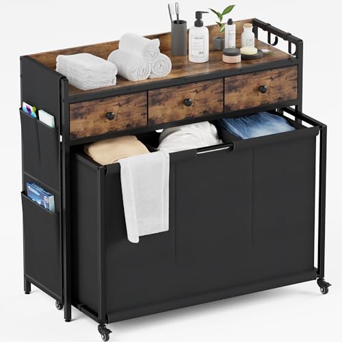 Laundry Hamper Laundry Basket: Rolling Laundry Basket Organizer with Wheels - Laundry Hamper 3 Section with Shelf Drawers Oxford Laundry Bags - Laundry Sorter for Laundry Room Bathroom Bedroom