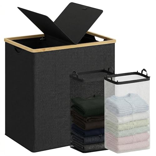 efluky Laundry Hamper with Lid, Double Laundry Hamper with 2 Removable Bags, 2 Section Laundry Basket with Bamboo Handles for Bathroom, Bedroom & Laundry Room, 140L (36.9 Gallon) Black - color: Black, size: 140L Dual