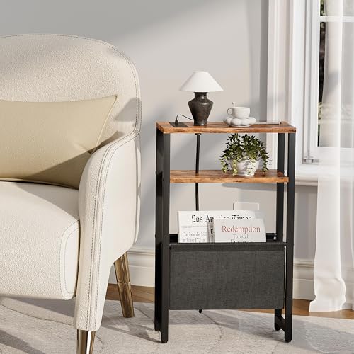 Narrow Side Table with Charging Station Slim End Table Sofa with Magazine Rack, Bedside Table for Small Spaces, 3 Tier Nightstand for Living Room Couch, Bedroom Rustic Brown LET503RE - color: Rustic Brown