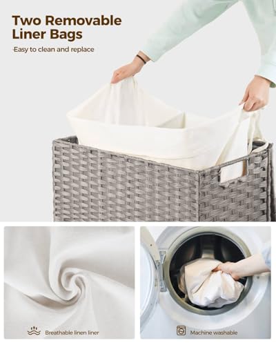 Greenstell Laundry Hamper with Wheels, No Install Needed, 90L Divided Handwoven Hampers & 2 Removable Liner Bags, Rattan Clothes Laundry Basket with Lid & Handles, Foldable Hampers Gray 18x13x26.4 In - color: Gray, size: 90L: 18.3x13.5x26.4 Inches
