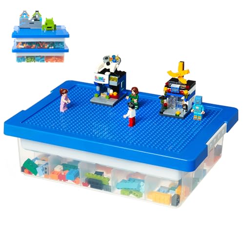 MACOPRO Toys Storage Organizer Box for Lego, Toy Box with Building Plate Lid and Removable Tray, Building Block Storage, Stackable Plastic Organizer Bins (Blue-1Pack) - color: Blue-1Pack