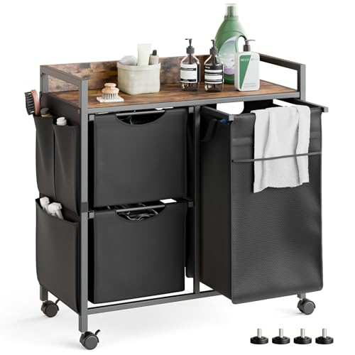 Laundry Sorter with 3 Section, 100L Laundry Hamper with Wheels, Laundry Basket with Small Side Pockets and Pull-Out Removable Liners,for Laundry Room Bedroom Bathroom - size: 100L