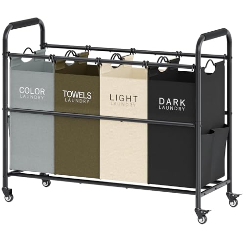 Tajsoon 4 Bag Laundry Sorter Cart, 4 Section Laundry Hamper Sorter with Heavy Duty Lockable Rolling Wheels, Laundry Separator Hamper with Removable Bags for Dirty Clothes Storage, 4 Colors - color: GreyGreenWhiteBlack