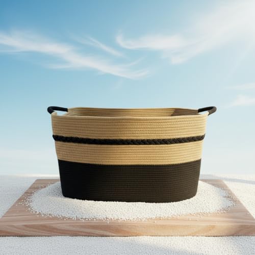 Extra large laundry basket woven from natural cotton rope with handles storage blankets for living rome big decorative quilted baskets for clothes toys pillows hamper 24"x16"x14" black - color: Black, size: 87L 24"x16"x14"