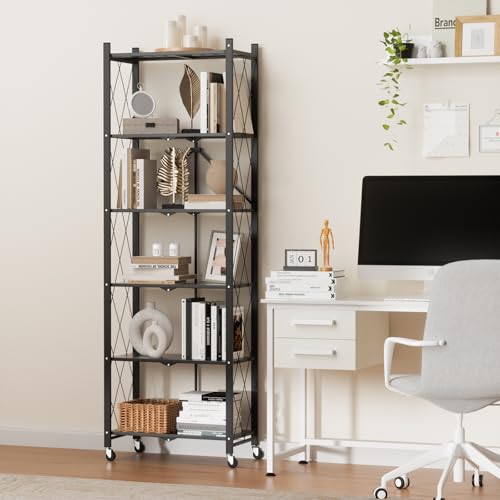 ALANNG 73.6 Inch Folding Bookshelf, 6 Tier Metal Bookcase and Bookshelves, Tall Shelves for Living Room Office Bedroom, Heavy Duty Book Shelve Free Standing Open (Black, 1PACK) - color: Black