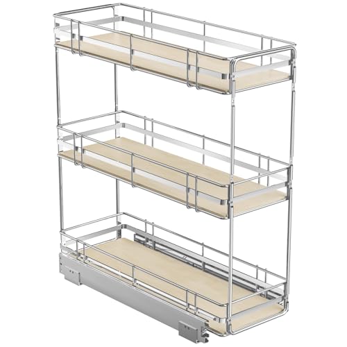 ROOMTEC 3-Tier Pull Out Cabinet Organizer Spice Rack for Narrow Cabinet 8" W x 20½" D, Slide Out Wood Shelves Storage for Kitchen - size: 8" W x 20½" D, 3 Tier, Wood Shelves