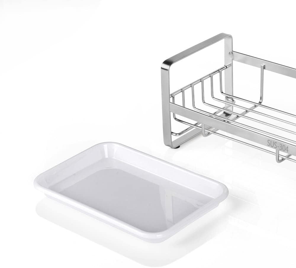 HULISEN Kitchen Sink Sponge Holder, 304 Stainless Steel Kitchen Soap Dispenser Caddy Organizer, Countertop Soap Dish Rack Drainer with Removable Drain Tray, not Including Dispenser and Brush