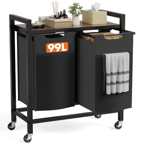 DUMOS Laundry Hamper with 2 Pull-Out Removable Sorter Bags, Movable Wheels, Freestanding Clothes Basket Organizer in Bathroom, 2 × 13.1Gal (99L) Capacity, Rustic Brown and Black - size: 26.2 Gal (99L)