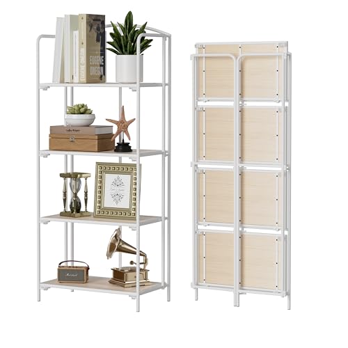 Crofy No Assembly Folding Bookshelf for Living Room, 4 Tier White Collapsible Book Shelf for Home Office, Portable Bookcase Storage Organizer - color: White Frame & White Oak Shelf, size: 4 Tier