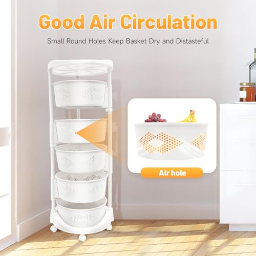 Multi-Layer Vegetable Rotating Basket Rack, Fruit Snack Storage Kitchen Organizer, White Storage Cart, Fruit Basket for Kitchen with 5 Lockable Casters, Vegetable Rack (5 Tiers) - size: 5 Tiers