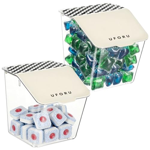 Rainmae 2 Pack Laundry Pods Container with Lids Wall-Mounted Dishwasher Pods Holder for Powder Dryer Balls and Scent Booster Beads Space Saving Plastic Storage Container for Laundry Room Organization