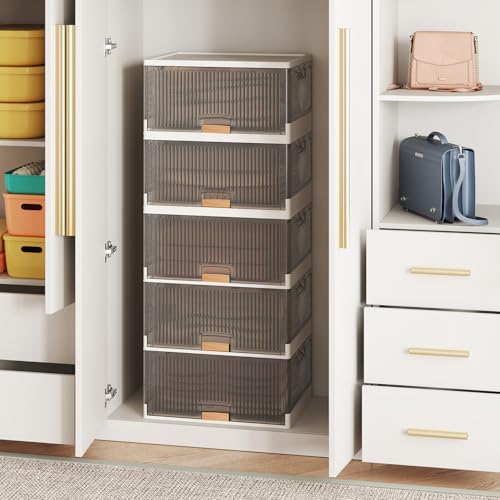 Giantex 5 Tier Stackable Storage Bins with Lids, 22.5 Gal Foldable Shoe Storage Box with Detachable Wheels & Flip-Up Doors, Collapsible Closet Organizers and Storage Bins - size: 22.5Gal-5Pack