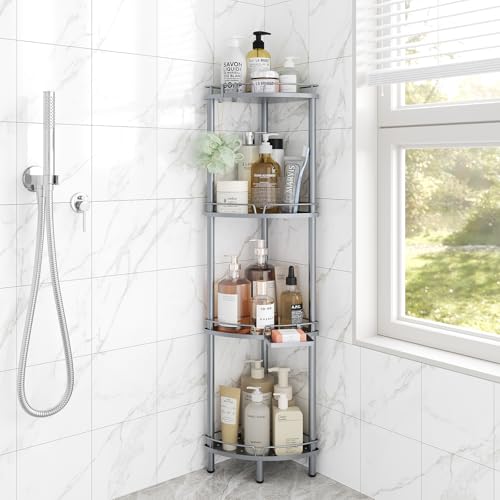 ELYKEN Corner Shower Caddy Standing, 4 Tier Rustproof Metal Shower Organizer with Soap Holder, Floor Shower Corner Shelf Rack Storage Stands with Adjustable Feet & 2 Hooks for Bathroom, Silver - color: Silver, size: 4 Tier