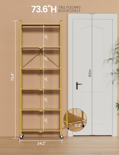 ALANNG 73.6 Inch Folding Bookshelf, 6 Tier Metal Bookcase and Bookshelves, Tall Shelves for Living Room Office Bedroom, Heavy Duty Book Shelve Free Standing Open (Gold, 1PACK) - color: Gold