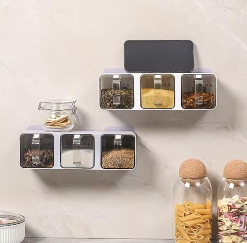 Modern Wall-Mounted Spice Storage Container, White 3-Compartment Kitchen Organizer Box, 26 x 8 x 8 cm Seasoning Dispenser