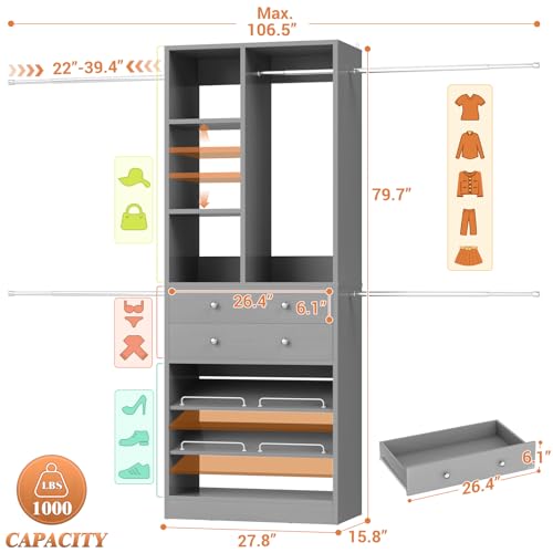 Besiost Closet System, 4.2–8.8 FT Closet Organizer with 2 Wooden Drawers and Shelves, Walk-in Closet System with 5 Hang Rods, Built-in Reach in Closet Tower, Can Fit 60 to 96 inch, Morandi Grey - color: Morandi Grey