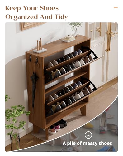 31.5" Shoe Cabinet Storage for Entryway with 2 Flip Drawers, Wood Fluted Narrow Shoe Cabinet for Hallway, Walnut - color: Fluted
