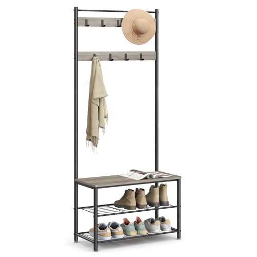 VASAGLE Coat Rack, Hall Tree with Shoe Storage Bench, Entryway Bench with Shoe Storage, 3-in-1, Steel Frame, for Entryway, 12.6 x 27.6 x 68.9 Inches, Industrial, Greige and Black UHSR41MB - color: Greige + Black, size: 27.6"W