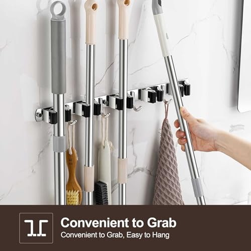 Broom Holder Wall Mount, Stainless Steel Broom Hanger Wall Mount, Heavy Duty Mop and Broom Holder Tool Racks Utility Hooks for Laundry Room Garden Garage, Black (4 Racks and 5 Hooks) - color: Black, size: 1Pack 4R5H