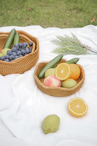 HITOMEN Handmade Rattan Bread Baskets Round Wicker Fruit Serving Storage Bowls, Natural Woven Decorative Kitchen Counter Organizing (Honey Brown) S-8.7" - size: Small