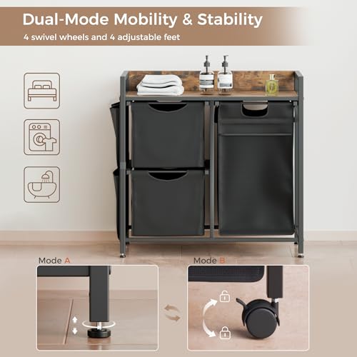 Laundry Sorter with 3 Section, 100L Laundry Hamper with Wheels, Laundry Basket with Small Side Pockets and Pull-Out Removable Liners,for Laundry Room Bedroom Bathroom - size: 100L