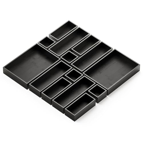 SpaceAid 14-Piece Bamboo Drawer Organizer Storage Boxes Set, Wood Tray Junk Drawer Organizers Multi-Use Divider Bins for Kitchen, Bathroom, Office Desk and Makeup Organization (14 Pack, Black) - color: Black