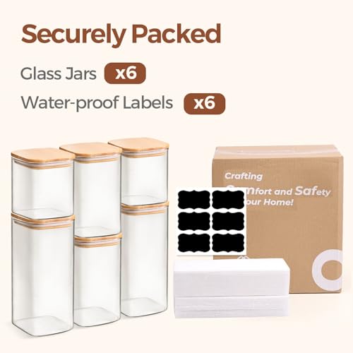 ComSaf Airtight Glass Storage Canister with Lids (0.7Qt/1.2Qt/1.6Qt) Set of 6, Food Storage Container Kitchen Pantry Storage Jar, Glass Jars for Flour Cereal Sugar Tea Coffee Beans Snacks, Square - size: 0.7Qt*2/1.2Qt*2/1.6Qt*2