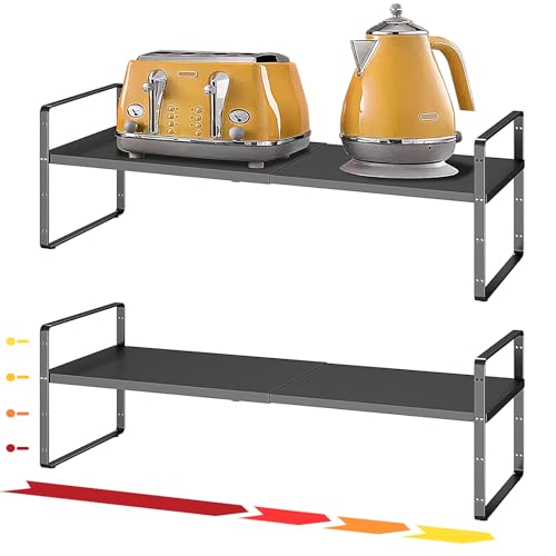 16.5~27.1" Expandable Shelf Organizer, 2Pack 8.1" Wide Stackable Cabinet Shelf Organizers, Black Metal Sturdy Kitchen Counter Storage for Countertop, Adjustable Height Spice Rack - color: Black, size: 2Pack-8''W-Holeless