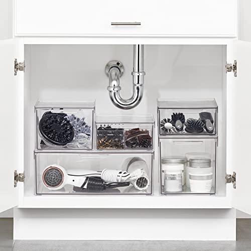 mDesign Plastic Stackable Bathroom Storage Organizer Bin Containers with Front Pull Drawer for Bathroom Countertop, Vanity, Closet Shelves - Holder for Beauty Accessories - Lumiere Collection - Clear - size: 16 x 12 x 6 (Pack of 1)