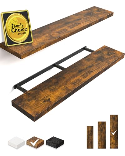 BAYKA Floating Shelves, 48 inches Long Wall Mounted Rustic Wood Shelves for Bathroom, Bedroom, Living Room, Kitchen, Office, Hanging Shelf for Books/Storage/Decor(Rustic Brown,Set of 2) - color: B. Rustic Brown - Americana Farmhouse Style, size: 48inches