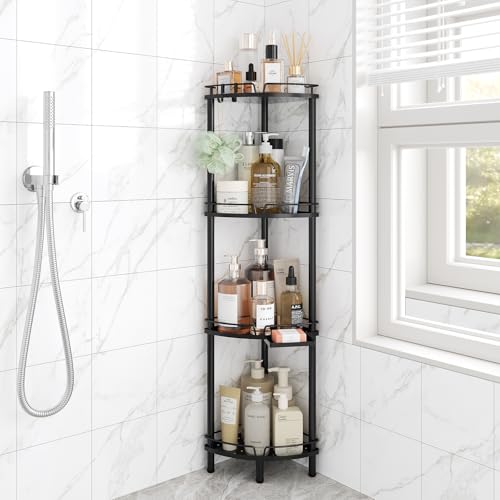 ELYKEN Corner Shower Caddy Standing, 4 Tier Rustproof Metal Shower Organizer with Soap Holder, Floor Shower Corner Shelf Rack Storage Stands with Adjustable Feet & 2 Hooks for Bathroom, Black - color: Black, size: 4 Tier