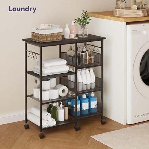 SWTYMIKI Kitchen Island Cart on Wheels - 28.35x14.57in Rolling Kitchen Table Cart with Storage Shelves, 6 Removable Hooks& Locking Casters, Coffee Bar Cabinet for Dining Room Pantry Office, Black - size: 28x14.57in, style: Black