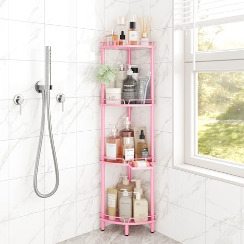 ELYKEN Corner Shower Caddy Standing, 4 Tier Rustproof Metal Shower Organizer with Soap Holder, Floor Shower Corner Shelf Rack Storage Stands with Adjustable Feet & 2 Hooks for Bathroom, Pink - color: Pink, size: 4 Tier