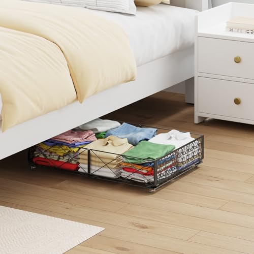 Under Bed Storage with Wheels, Rollable Under Bed Storage Container, Foldable Metal Under Bed Organizer for Bedroom Clothes Shoes Blankets Storage (2black, Black) - style: 2 Pack