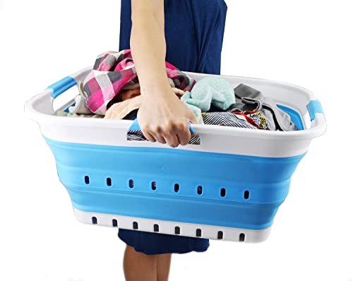 SAMMART 42L (11 gallon) Collapsible Plastic Laundry Basket - Foldable Pop Up Storage Container/Organizer - Space Saving Hamper/Basket (1, White/Marine Blue) - color: White/Marine Blue