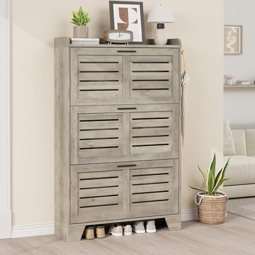 IDEALHOSUE Shoe Cabinet Storage for Entryway, Slim Shoe Storage Cabinet with 3 Flip Drawers, Freestanding Hidden Narrow Shoe Organizer Cabinet with Hooks for Entrance, Foyer, Hallway, Gray - color: Grey, size: 3-Drawers