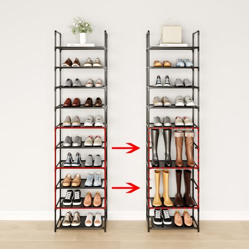 10-Tier Tall Shoe Rack for Closet, Entryway, Adjustable Sturdy Durable Shoe Shelf,Narrow Shoe Stand Organizer (18" W×10" D×72.8" H,Black) - size: 10-Tier-Black(18" W×10" D×72.8" H)