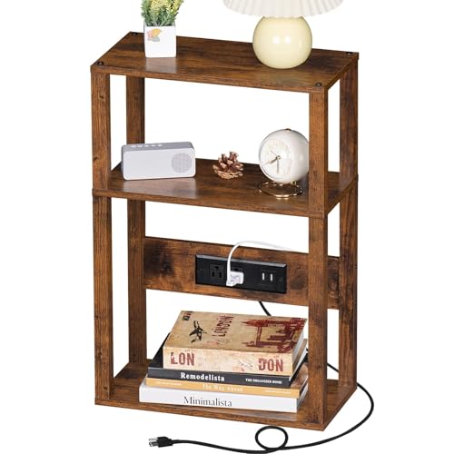YUFAM 3-Tier Small Narrow Wood Side Table with Charging Station, Skinny Nightstand for Small Space, Slim Bedside Table with Storage for Couch, Thin End Table with USB Ports and Outlets, Rustic Brown - color: Brown, size: 1 Pack