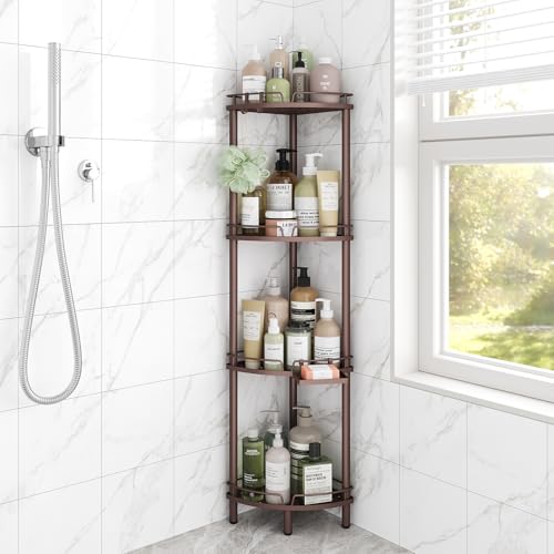 ELYKEN Corner Shower Caddy Standing, 4 Tier Rustproof Metal Shower Organizer with Soap Holder, Floor Shower Corner Shelf Rack Storage Stands with Adjustable Feet & 2 Hooks for Bathroom, Bronze - color: Bronze, size: 4 Tier