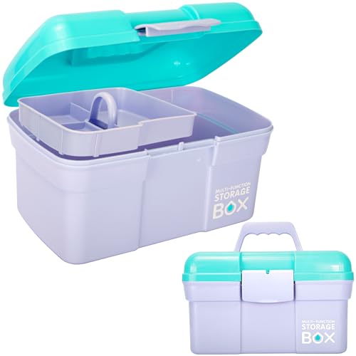 TERGOO 11in Mutipurpose Storage Box Organizer with Removable Tray, Portable Small Craft Organizer with Handle, Plastic Clear Tool Box Art Case for Makeup, Sewing, Nail, Hair Accessories (Purple Blue) - color: Purple Blue