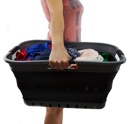 SAMMART 42L Collapsible Plastic Laundry Basket - Foldable Pop Up Storage Container/Organizer - Space Saving Hamper/Basket (1, Grey/Black) - color: Grey/Black