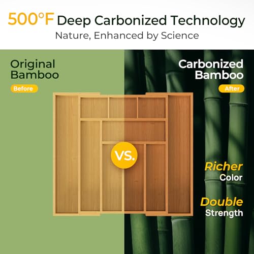 keechee Carbonized Bamboo Kitchen Drawer Organizer, 10 Slots Expandable Silverware Organizer, Utensil Holder & Cutlery Tray, 2.2" Deep for Extra Capacity, Non-Slip Feet Included - size: 10 Slots（Expandable）