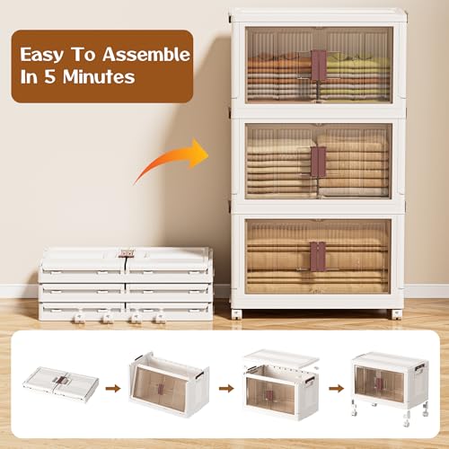 45GAL/180QT 3 tier large stackable storage bins with lid and wheels, collapsible storage bins plastic with doors，suit for clothes, closet, home and office - size: 60QT, style: 3 Pack