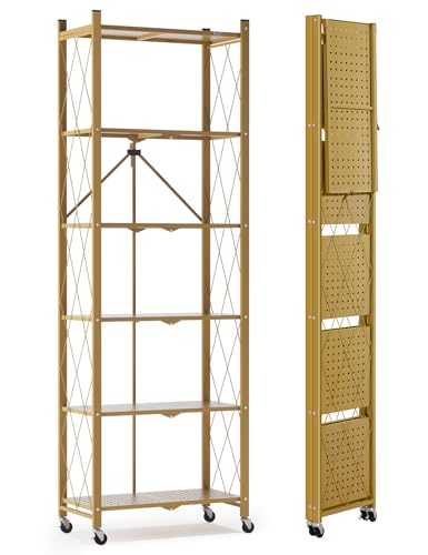 ALANNG 73.6 Inch Folding Bookshelf, 6 Tier Metal Bookcase and Bookshelves, Tall Shelves for Living Room Office Bedroom, Heavy Duty Book Shelve Free Standing Open (Gold, 1PACK) - color: Gold