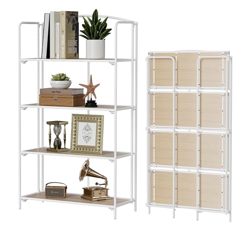 Crofy No Assembly Folding Bookshelf for Living Room, 4 Tier White Collapsible Book Shelf for Home Office, Portable Bookcase Storage Organizer - color: White Frame & White Oak Shelf, size: 4 Tier Wider