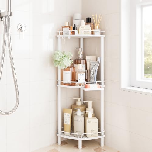 ELYKEN Corner Shower Caddy Standing, 3 Tier Rustproof Metal Shower Organizer with Soap Holder, Floor Shower Corner Shelf Rack Storage Stands with Adjustable Feet & 2 Hooks for Bathroom, White - color: White, size: 3 Tier